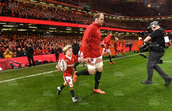 220220 - Wales v France - Guinness Six Nations - Alun Wyn Jones of Wales leads out his side with mascot