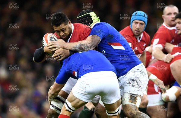 220220 - Wales v France - Guinness Six Nations - Taulupe Faletau of Wales takes on Francois Cros and Francois Cros of France