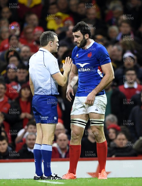 220220 - Wales v France - Guinness Six Nations - Referee Matthew Carley talks to Charles Ollivon of France
