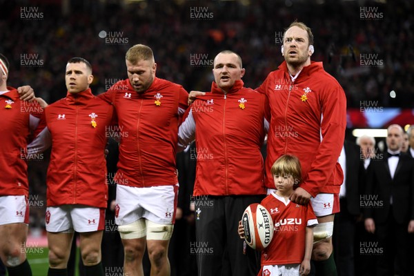 220220 - Wales v France - Guinness Six Nations - Gareth Davies, Ross Moriarty, Ken Owens, Alun Wyn Jones and mascot during the anthems