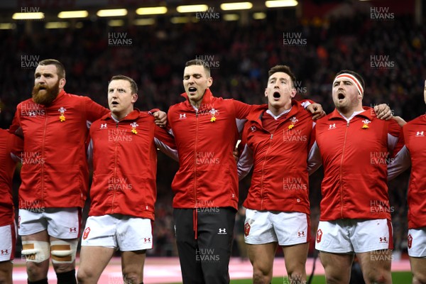 220220 - Wales v France - Guinness Six Nations - Jake Ball, Hadleigh Parkes, George North, Josh Adams and Wyn Jones during the anthems
