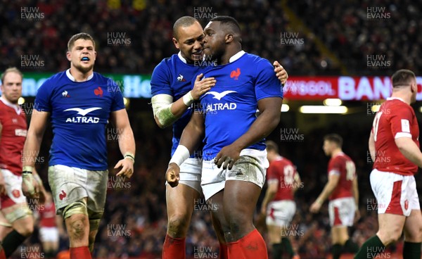 220220 - Wales v France - Guinness Six Nations - Gael Fickou and Demba Bamba of France celebrate