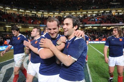 26.02.10 - Wales v France - RBS Six Nations 2010 - Frederic Michalak(L) and Morgan Parra of France celebrate win at the end of the game. 