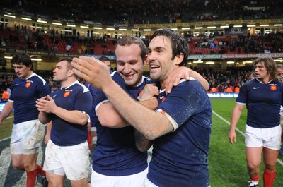 26.02.10 - Wales v France - RBS Six Nations 2010 - Frederic Michalak(L) and Morgan Parra of France celebrate win at the end of the game. 