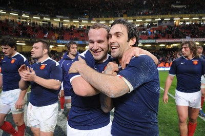 26.02.10 - Wales v France - RBS Six Nations 2010 - Frederic Michalak(L) and Morgan Parra of France celebrate win at the end of the game. 