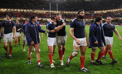 26.02.10 - Wales v France - RBS Six Nations 2010 - Frederic Michalak(L) and Imanol Harinordoquy of France celebrate win at the end of the game. 