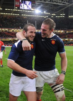 26.02.10 - Wales v France - RBS Six Nations 2010 - Frederic Michalak(L) and Imanol Harinordoquy of France celebrate win at the end of the game. 
