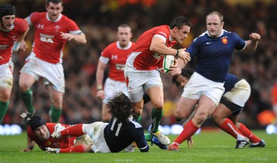 26.02.10 - Wales v France - RBS Six Nations 2010 - Lee Byrne of Wales is tackled Alexis Palisson of France. 