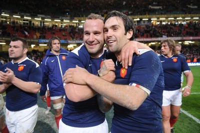 26.02.10 - Wales v France - RBS Six Nations 2010 - Frederic Michalak(L) and Morgan Parra of France celebrate win at the end of the game. 