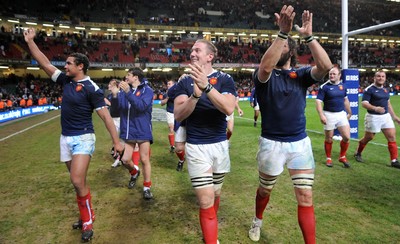 26.02.10 - Wales v France - RBS Six Nations 2010 - Thierry Dusautoir, Imanol Harinordoquy and Lionel Nallet of France celebrate win. 