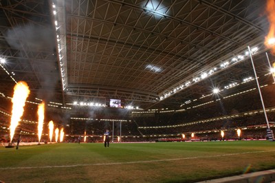 26.02.10 Wales v France... Lasers and flames at the start of the game. 