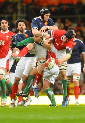 26.02.10 - Six Nations Rugby, Wales v France France's Julien Bonnaire  and Wales' Ryan Jones     compete 