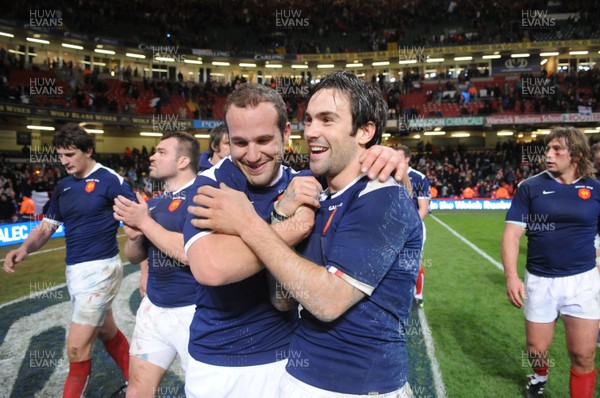 26.02.10 - Wales v France - RBS Six Nations 2010 - Frederic Michalak(L) and Morgan Parra of France celebrate win at the end of the game. 