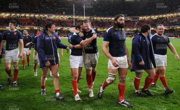 26.02.10 - Wales v France - RBS Six Nations 2010 - Frederic Michalak(L) and Imanol Harinordoquy of France celebrate win at the end of the game. 