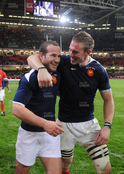 26.02.10 - Wales v France - RBS Six Nations 2010 - Frederic Michalak(L) and Imanol Harinordoquy of France celebrate win at the end of the game. 