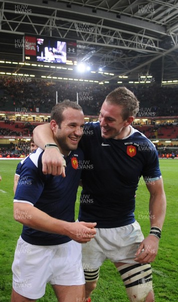 26.02.10 - Wales v France - RBS Six Nations 2010 - Frederic Michalak(L) and Imanol Harinordoquy of France celebrate win at the end of the game. 