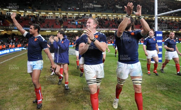 26.02.10 - Wales v France - RBS Six Nations 2010 - Thierry Dusautoir, Imanol Harinordoquy and Lionel Nallet of France celebrate win. 