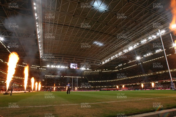 26.02.10 Wales v France... Lasers and flames at the start of the game. 