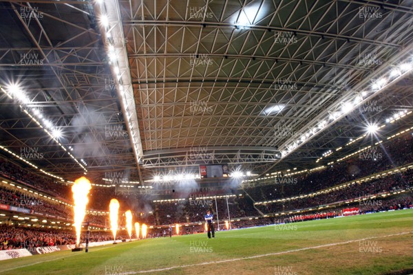 26.02.10 Wales v France... Lasers and flames at the start of the game. 