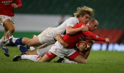 26.08.07  Wales v France... Wales Gareth Thomas is tackled by Remy Martin 
