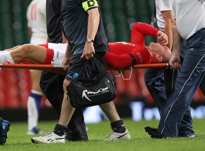 26.08.07 - Wales v France -  Wales' Gareth Thomas is stretchered off near the end of the match 