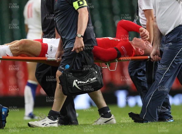 26.08.07 - Wales v France -  Wales' Gareth Thomas is stretchered off near the end of the match 
