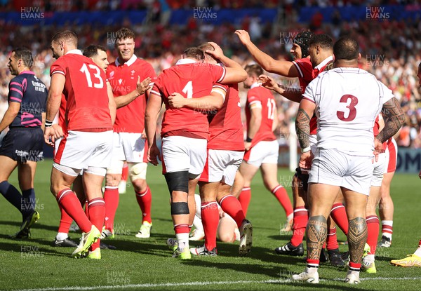 071023 - Wales v Georgia - Rugby World Cup, France 2023 - Pool C - Tomas Francis of Wales celebrates scoring a try with team mates