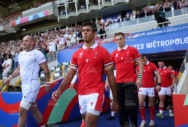 071023 - Wales v Georgia - Rugby World Cup, France 2023 - Pool C - Rio Dyer of Wales walks onto the field
