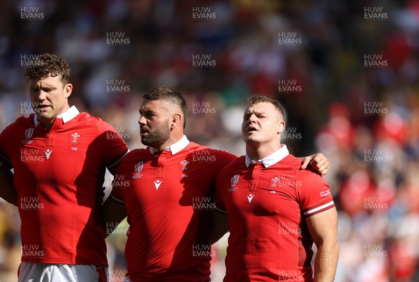 071023 - Wales v Georgia - Rugby World Cup, France 2023 - Pool C - Will Rowlands, Gareth Thomas and Dewi Lake of Wales sing the anthem