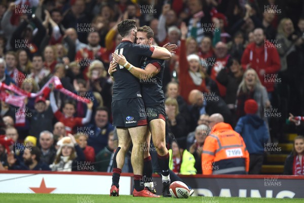 181117 - Wales v Georgia - Under Armour Series - Hallam Amos of Wales celebrates his try with Alex Cuthbert