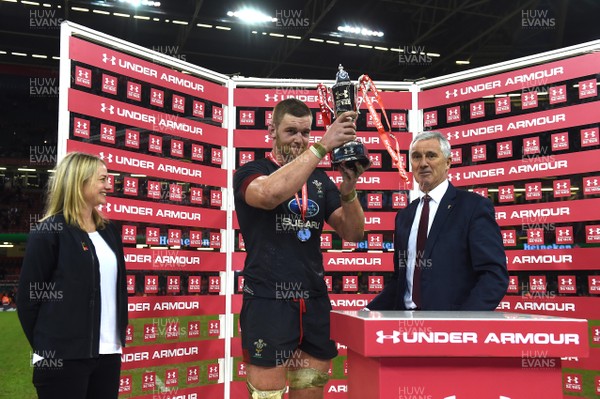 181117 - Wales v Georgia - Under Armour Series - Dan Lydiate of Wales receives the trophy from WRU Chairman Gareth Davies
