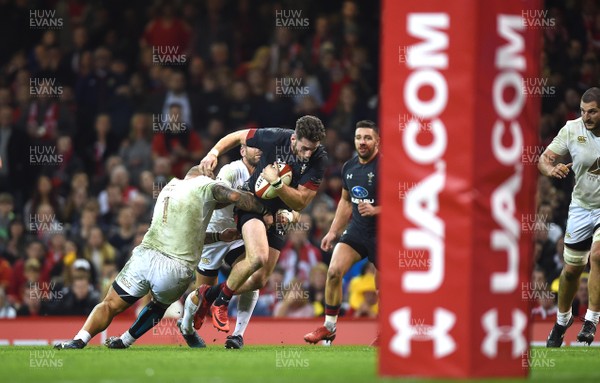 181117 - Wales v Georgia - Under Armour Series - Alex Cuthbert of Wales is tackled by Mikheil Nariashvili and Merab Sharikadze of Georgia