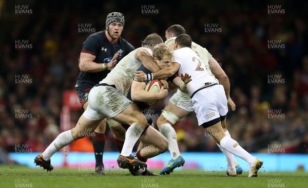 181117 - Wales v Georgia - Under Armour Series 2017 - Aled Davies of Wales is tackled by Levan Chilachava and Giorgi Begadze of Georgia