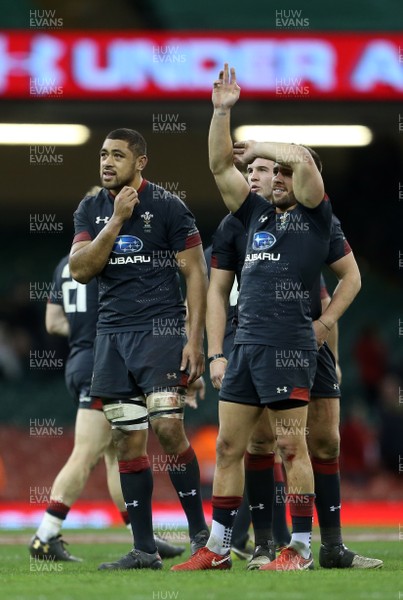 181117 - Wales v Georgia - Under Armour Series 2017 - Taulupe Faletau, Elliot Dee and Rhys Webb of Wales wave to fans at full time
