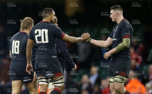 181117 - Wales v Georgia - Under Armour Series 2017 - Taulupe Faletau shakes hands with Seb Davies of Wales at full time