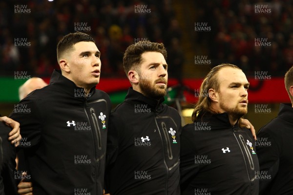 181117 Wales v Georgia - Under Armour 2017 Series -  Seb Davies(L) Alex Cuthbert and Kristian Dacey of Wales lines up for the anthem