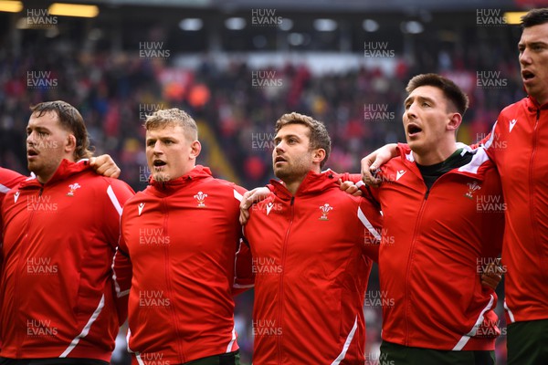 191122 - Wales v Georgia - Autumn Nations Series - Jac Morgan, Leigh Halfpenny and Josh Adams during anthems