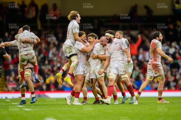 191122 - Wales v Georgia - Autumn Nations Series -  Georgia players celebrate beating Wales in Cardiff