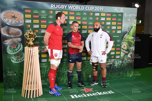 230919 - Wales v Georgia - Rugby World Cup 2019 - Pool D - Alun Wyn Jones of Wales with Mikheil Nariashvili of Georgia and Referee Luke Pearce during the coin toss