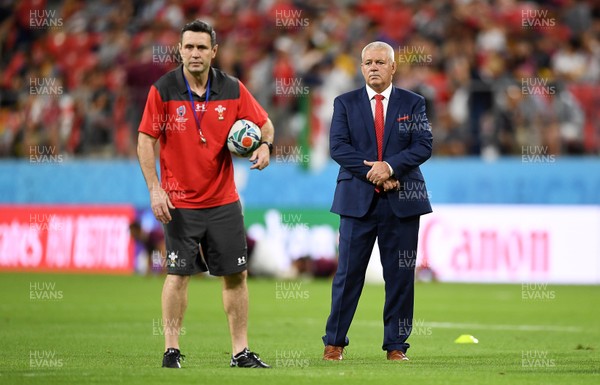 230919 - Wales v Georgia - Rugby World Cup 2019 - Pool D - Wales Attack Coach Stephen Jones and Wales head coach Warren Gatland looks on
