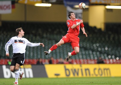 01.04.09 - Wales v Germany - 2010 FIFA World Cup Qualifying Group 4 - Wales' Gareth Bale heads the ball clear. 