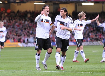 01.04.09 - Wales v Germany - World Cup 2010 - Qualifying Group 4 Germany's Michael Ballack (L) celebrates with  Mario Gomez after scoring goal 