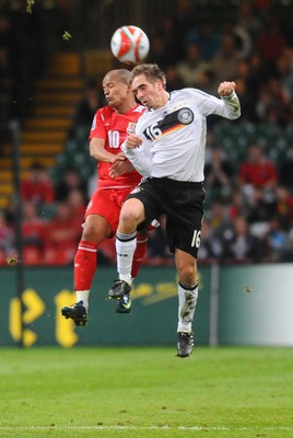 01.04.09 - Wales v Germany - World Cup 2010 - Qualifying Group 4 Wales' Rob Earnshaw and Wales' Chris Gunther compete for a high ball 