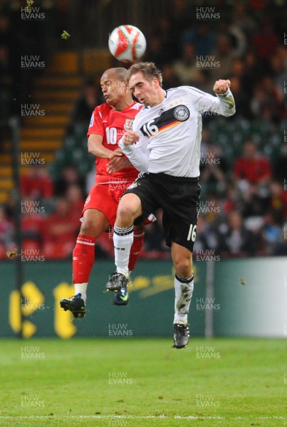 01.04.09 - Wales v Germany - World Cup 2010 - Qualifying Group 4 Wales' Rob Earnshaw and Wales' Chris Gunther compete for a high ball 