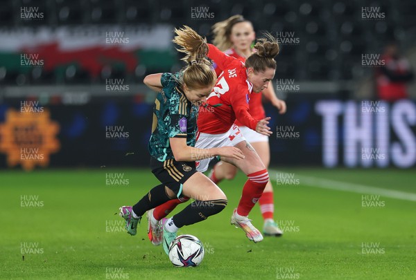 051223  - Wales v Germany, UEFA Women’s Nations League - Rachel Rowe of Wales and Sjoeke Nusken of Germany compete for the ball