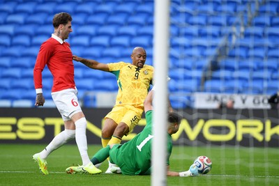 020626 - Wales v Ghana - International Friendly - Jordan Ayew of Ghana goes close after a mistake from Joe Rodon of Wales but is saved by Karl Darlow of Wales