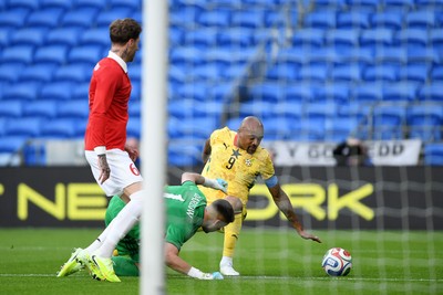 020626 - Wales v Ghana - International Friendly - Jordan Askew of Ghana goes close after a mistake from Joe Rodon of Wales but is saved by Karl Darlow of Wales