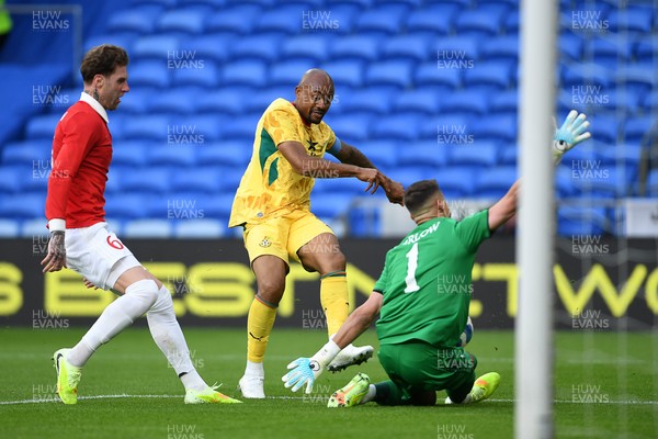 020626 - Wales v Ghana - International Friendly - Jordan Ayew of Ghana goes close after a mistake from Joe Rodon of Wales but is saved by Karl Darlow of Wales