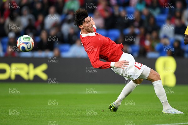 020626 - Wales v Ghana - International Friendly - Kieffer Moore of Wales just misses a heading opportunity 