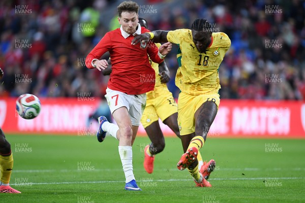 020626 - Wales v Ghana - International Friendly - David Brooks of Wales is challenged by Jerome Opoku of Ghana